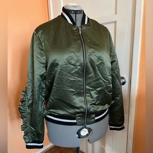 RACHEL Rachel Roy Olive Bomber Jacket with Ruffle Detail